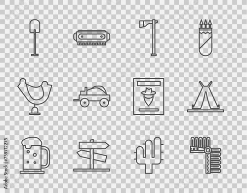 Set line Wooden beer mug, Indian headdress with feathers, Tomahawk axe, Road traffic signpost, Shovel, Wild west covered wagon, Cactus and teepee or wigwam icon. Vector