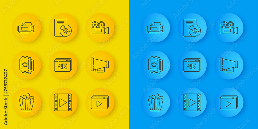 Set line Popcorn in box, Cinema ticket, Online play video with 4k, Megaphone, camera, and CD DVD disk icon. Vector Set line Popcorn in box, Cinema ticket, Online play video with 4k, Megaphone, camera, and CD DVD disk icon. Vector