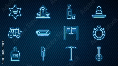 Set line Banjo, Canteen water bottle, Whiskey and glass, Harmonica, Western stagecoach, Hexagram sheriff, Saloon door and Church building icon. Vector