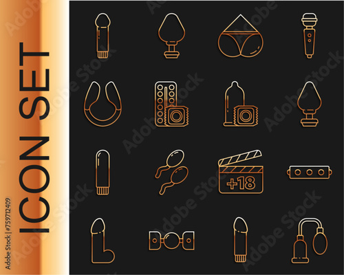 Set line Penis pump, Silicone ball gag with belt, Anal plug, Woman panties, Birth control pills and condom, Dildo vibrator, and Condom icon. Vector
