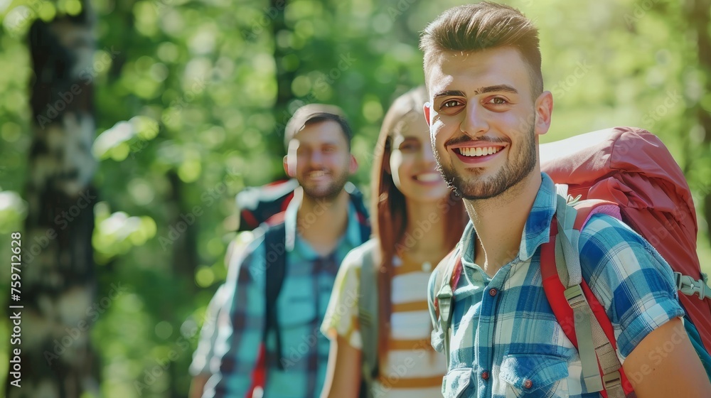 Happy man with friends with backpack for hiking mountain, travel or sightseeing Happy man with friends with backpack for hiking mountain, travel or sightseeing