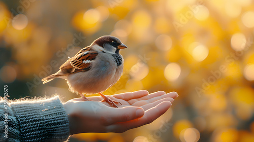 person holding a cute small bird sparrow in open hands outside in a park with a forest with blurry background. bokeh light effects. desktop wallpaper background