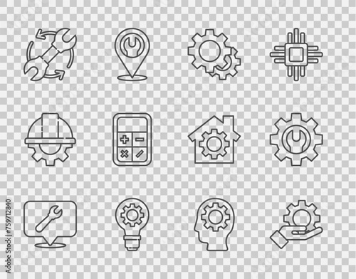Set line Location with wrench spanner, Settings in the hand, Gear, Light bulb gear, Wrench arrows as workflow, Calculator, Human head inside and icon. Vector