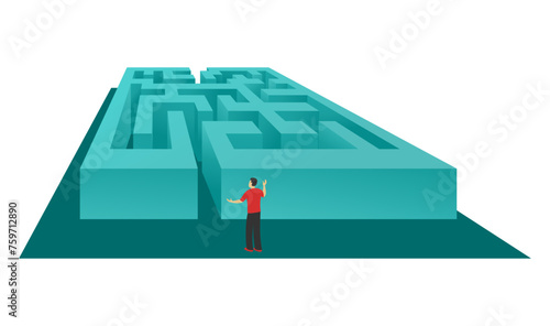 Confused man staying at maze entrance