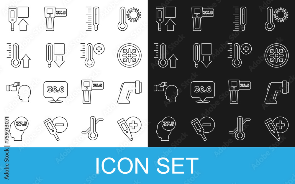 Set line Digital thermometer, Snowflake, Medical, Meteorology, and icon. Vector