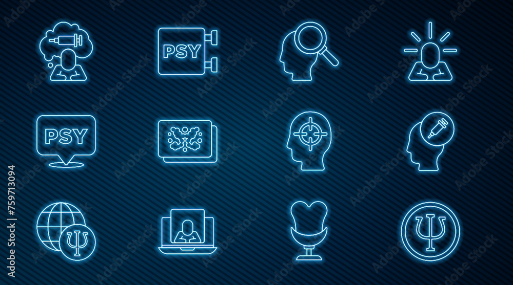 Set line Psychology, Psi, Addiction to the drug, Finding a problem, Rorschach test, and icon. Vector Set line Psychology, Psi, Addiction to the drug, Finding a problem, Rorschach test, and icon. Vector