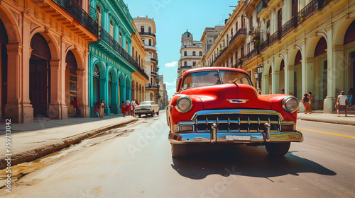 photo of a beautiful vintage retro red car on a sunny street in havana, cuba. car on road and people walking around street. old colorful buildings. desktop wallpaper background photo