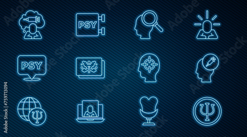 Set line Psychology, Psi, Addiction to the drug, Finding a problem, Rorschach test, and icon. Vector