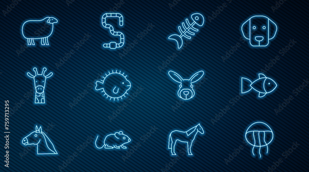 Set line Jellyfish, Fish, skeleton, Puffer, Giraffe head, Sheep, Rabbit and Worm icon. Vector