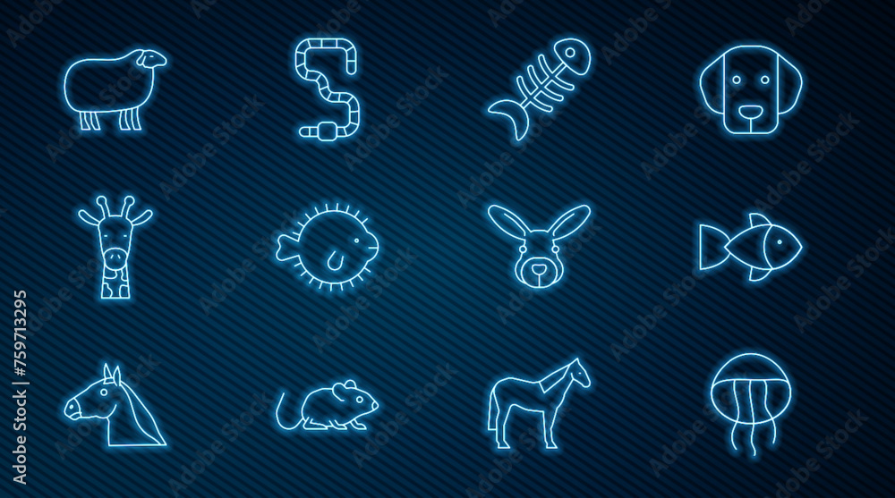 Set line Jellyfish, Fish, skeleton, Puffer, Giraffe head, Sheep, Rabbit and Worm icon. Vector Set line Jellyfish, Fish, skeleton, Puffer, Giraffe head, Sheep, Rabbit and Worm icon. Vector