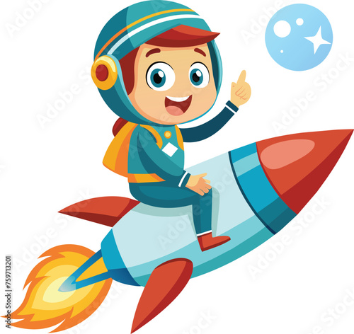 child on a rocket vector illustration, Cartoon kids astronaut in space, Cute Astronaut Riding Rocket Cartoon Vector