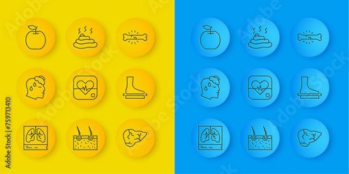 Set line Lungs x-ray, High human body temperature, Heart rate, Hepatitis virus, Flat foot, Apple, Bone pain and Shit icon. Vector