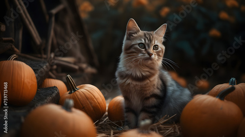 the little cat sits on top of some pumpkins