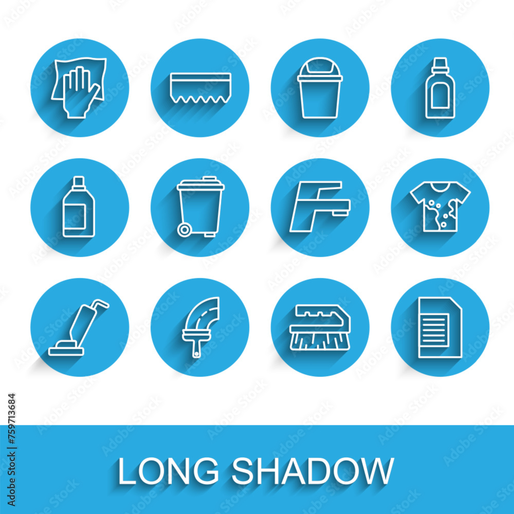 Set line Vacuum cleaner, Rubber for windows, Cleaning service, Brush cleaning, Laundry detergent, Trash can, Dirty t-shirt and Water tap icon. Vector Set line Vacuum cleaner, Rubber for windows, Cleaning service, Brush cleaning, Laundry detergent, Trash can, Dirty t-shirt and Water tap icon. Vector