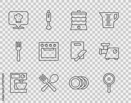 Set line Electric mixer, Frying pan, Slow cooker, Crossed fork and spoon, Chef hat with location, Oven, Plate and Kitchen meat grinder icon. Vector