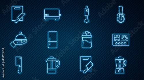 Set line Blender, Gas stove, Refrigerator, Covered with tray, Cutting board and knife, Salt and Toaster icon. Vector