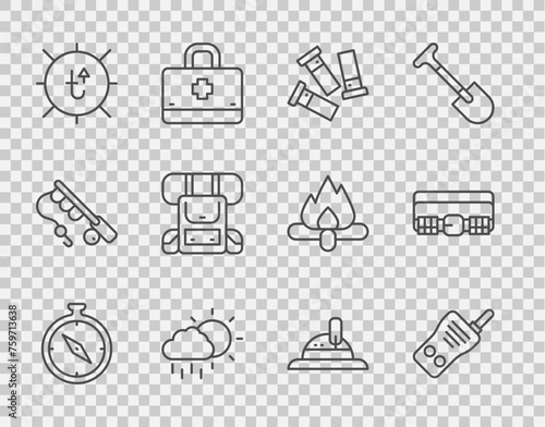 Set line Compass, Walkie talkie, Cartridges, Cloud with rain, Sun, Hiking backpack, Hunter hat and Hunting cartridge belt icon. Vector