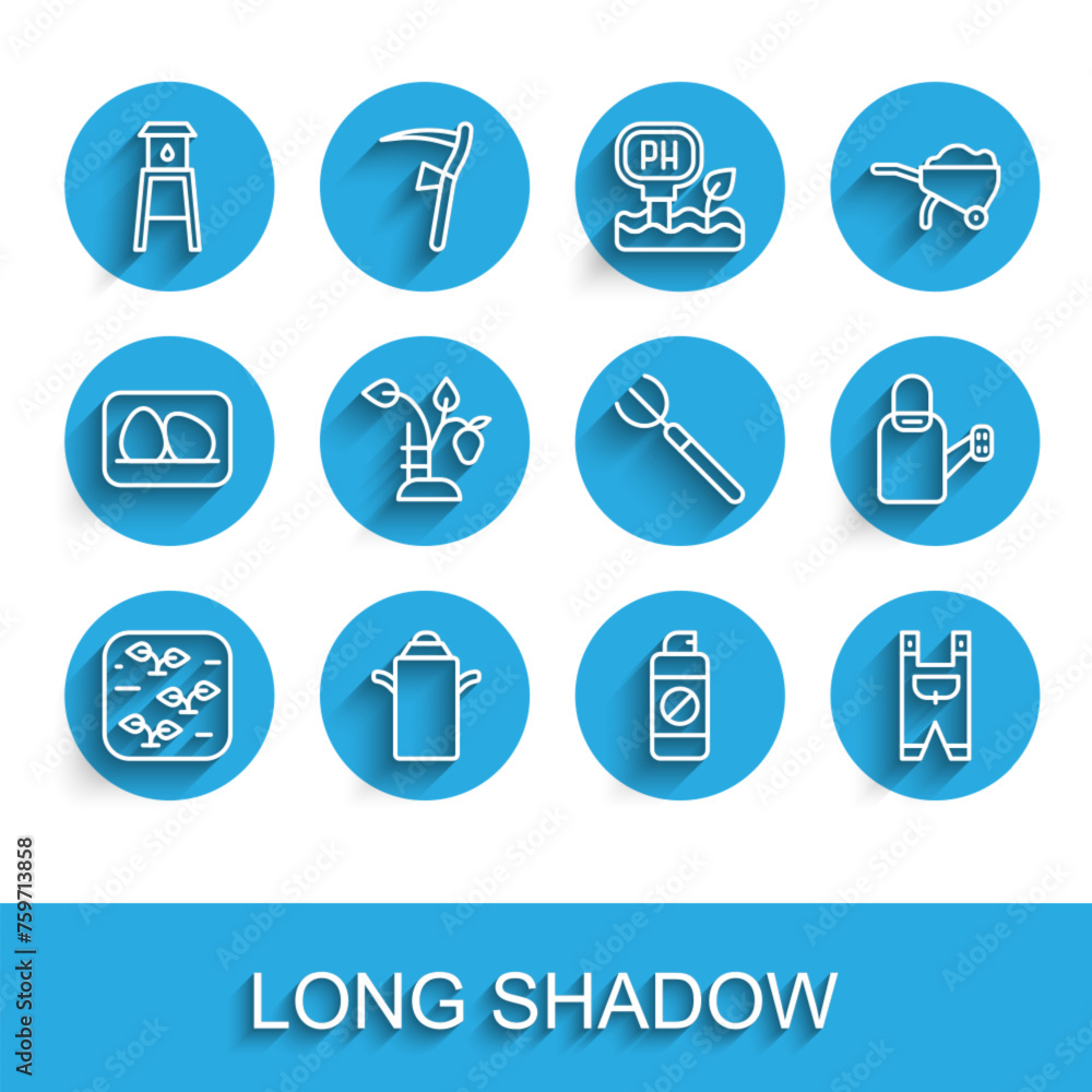 Set line Plant, Can container for milk, Water tower, Garden sprayer fertilizer, worker clothes, Strawberry bush, Watering can and pitchfork icon. Vector Set line Plant, Can container for milk, Water tower, Garden sprayer fertilizer, worker clothes, Strawberry bush, Watering can and pitchfork icon. Vector