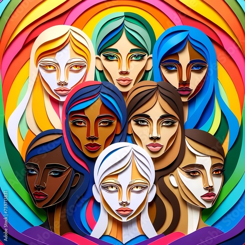 Pride month Paper Art of Diverse Women with Rainbow Hues, Concept of Inclusivity, Beauty, and Pride Celebration