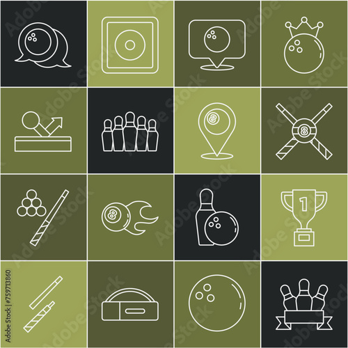 Set line Bowling pin, Award cup, Crossed billiard cues and ball, Location with bowling, Billiard, and icon. Vector