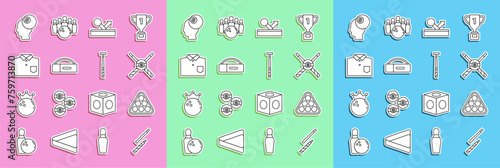 Set line Billiard cue, balls in rack triangle, Crossed billiard cues and, Case for, Bowling shirt, and icon. Vector