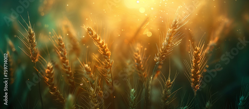Close up of wheat ears. Cereal agriculture theme. Wheat field in sun light.