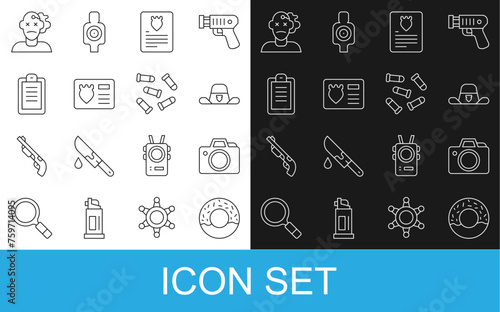 Set line Donut, Photo camera, Sheriff hat with badge, The arrest warrant, Police id case, report, Murder and Bullet icon. Vector