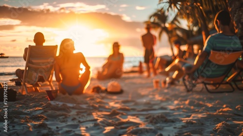 Group of friends enjoying tropical beach while sitting and admiring sunset photo