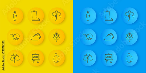 Set line Leaf or leaves, Wheelbarrow with dirt, Sun and cloud weather, Plum fruit, Carrot, and Waterproof rubber boot icon. Vector