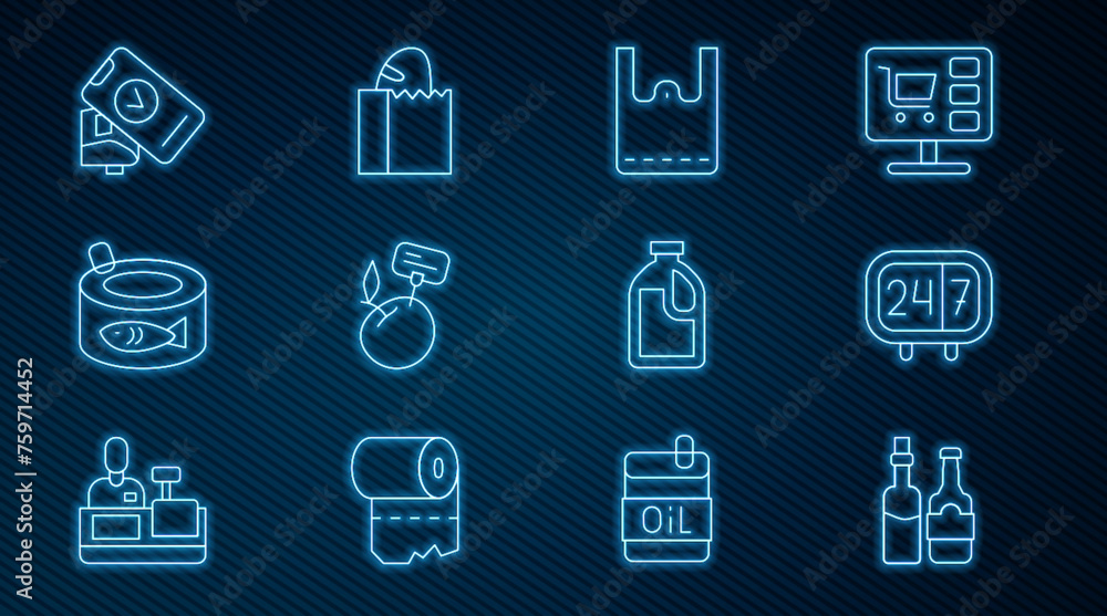 Set line Whiskey bottle, Clock 24 hours, Paper shopping bag, Supermarket food products with price label, Canned fish, POS terminal, Bottle for cleaning agent and bread loaf icon. Vector Set line Whiskey bottle, Clock 24 hours, Paper shopping bag, Supermarket food products with price label, Canned fish, POS terminal, Bottle for cleaning agent and bread loaf icon. Vector