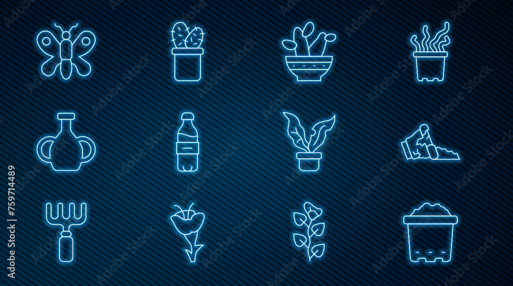 Set line Pot with soil, Broken pot, Cactus peyote in, Bottle of water, Vase, Butterfly, Plant and icon. Vector Set line Pot with soil, Broken pot, Cactus peyote in, Bottle of water, Vase, Butterfly, Plant and icon. Vector