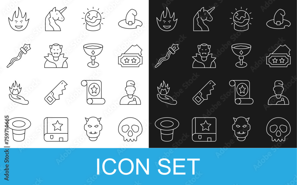 Set line Skull, Wizard warlock, Ticket, Magic ball, Vampire, staff, Fire flame and Medieval goblet icon. Vector Set line Skull, Wizard warlock, Ticket, Magic ball, Vampire, staff, Fire flame and Medieval goblet icon. Vector