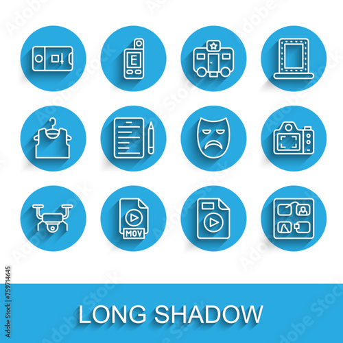 Set line Drone flying, MOV file document, Photo and video shooting, AVI, Storyboard, Scenario, camera and Drama theatrical mask icon. Vector