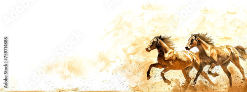 Majestic horses running with abstract watercolor splashes