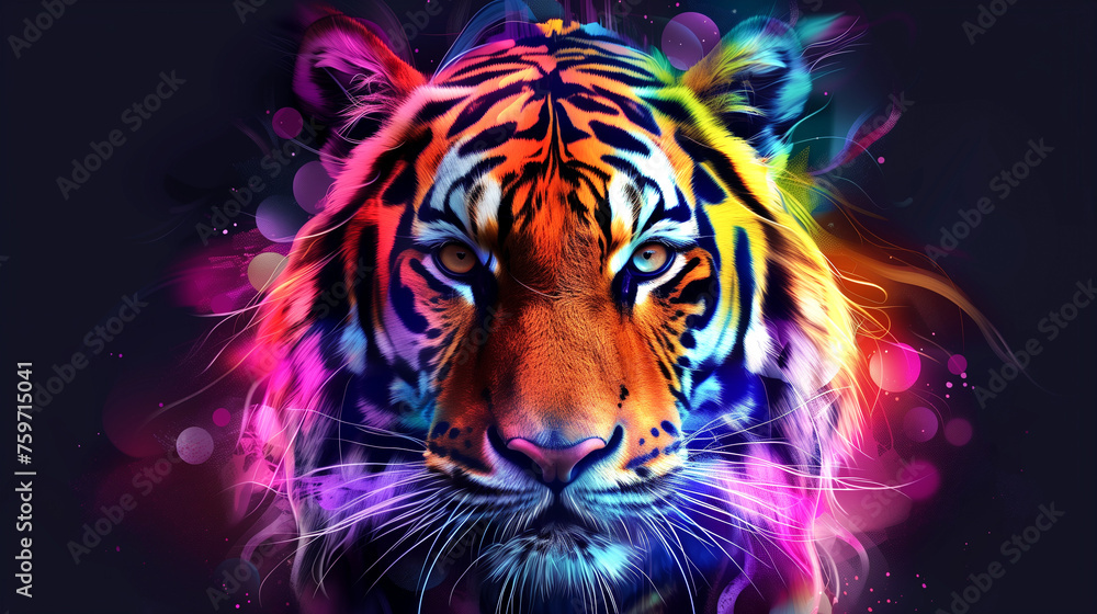 A tiger with bright, colorful fur and glowing eyes on a dark background