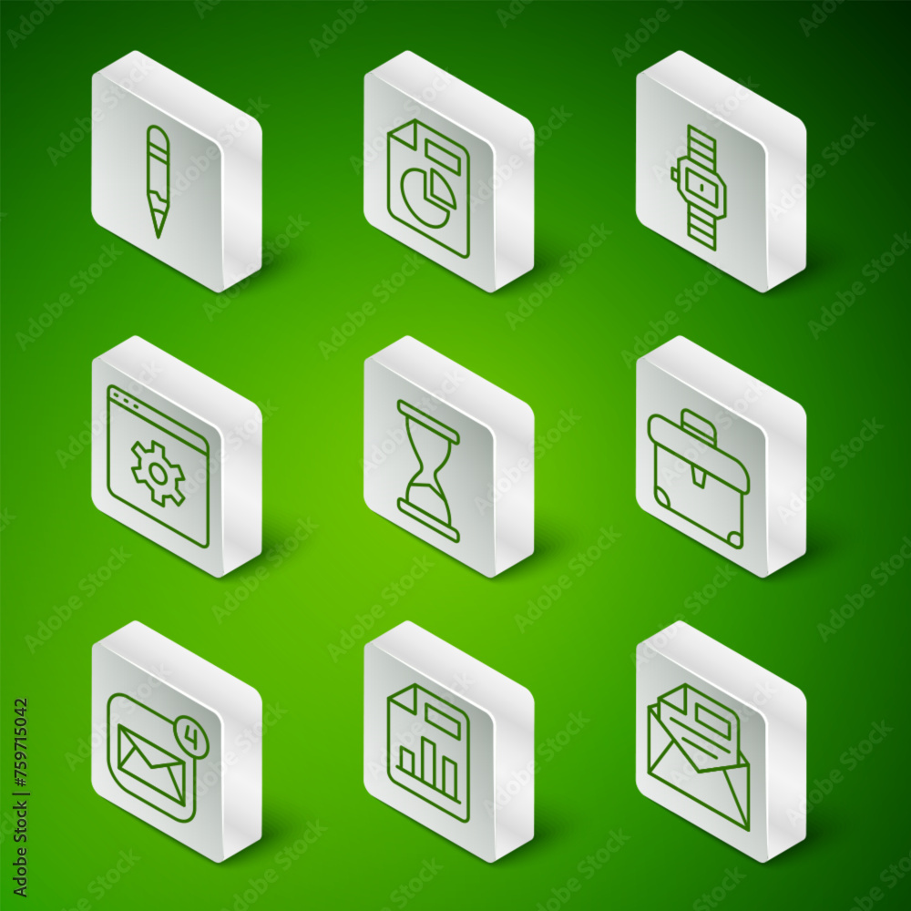 Set line Mail and e-mail, Document with graph chart, Pencil, Old hourglass, Browser setting, Envelope and Briefcase icon. Vector Set line Mail and e-mail, Document with graph chart, Pencil, Old hourglass, Browser setting, Envelope and Briefcase icon. Vector