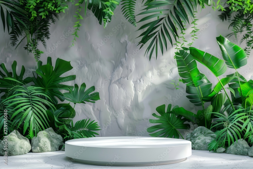 Contemporary white pedestal with front view focus It stands against a background decorated with tropical foliage. It creates a perfect and very realistic atmosphere. Contemporary white pedestal with front view focus It stands against a background decorated with tropical foliage. It creates a perfect and very realistic atmosphere.
