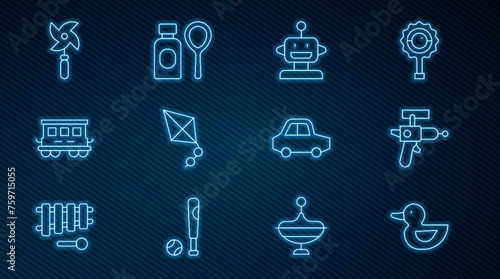 Set line Rubber duck, Ray gun, Robot toy, Kite, Passenger train cars, Pinwheel, Toy and Soap bubbles bottle icon. Vector