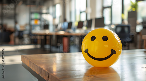 Positivity in the workplace with a yellow smiling smiley ball in the office interior, promoting a positive work environment