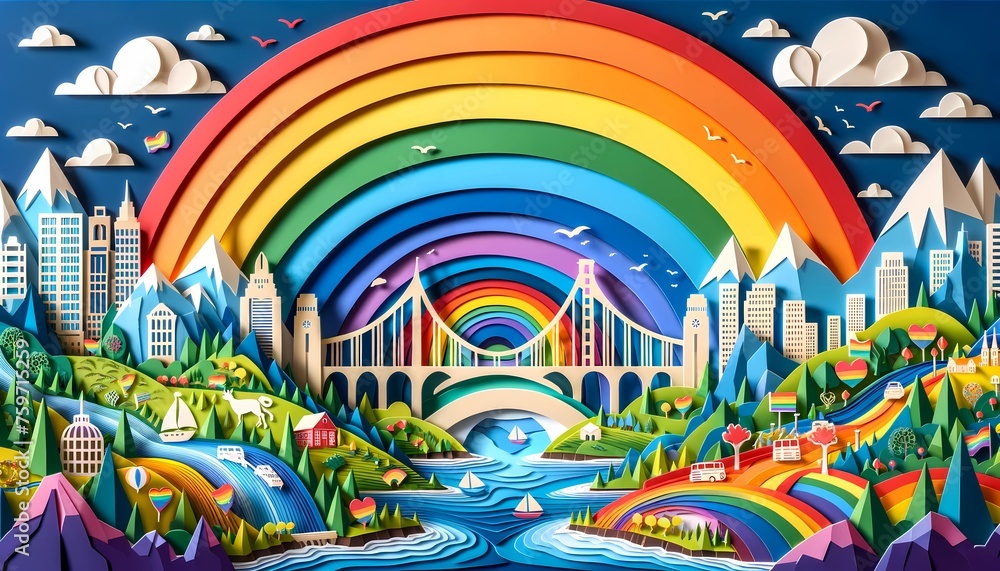 Paper cut Art Landscape with Rainbow Bridge and Mountains, Concept of Connection and Journey in Pride Month Paper cut Art Landscape with Rainbow Bridge and Mountains, Concept of Connection and Journey in Pride Month
