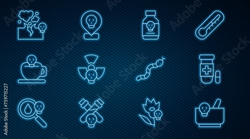 Set line Mortar and pestle, Antidote, Poisoned pill, Radioactive, Coffee cup with skull, Poisonous cloud gas smoke, Snake and in location icon. Vector