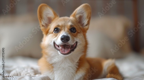 Portrait of a dog on a brown background. Smiling Corgi pembroke lies. 