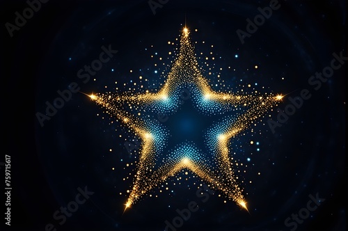 Abstract dark background of a gold and blue sparkling star, glow particles, luxury light shine bokeh horizontal wallpaper. 