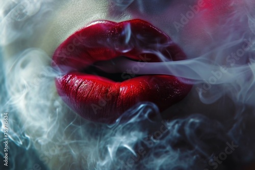 Sexy female lips blowing smoke from a cigarette. photo