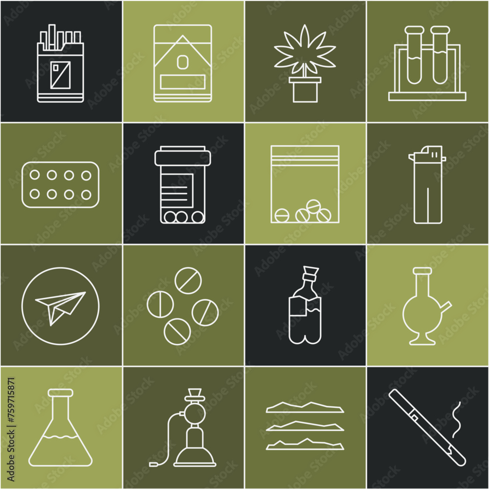 Set line Cigarette, Glass bong for smoking marijuana, Lighter, Marijuana cannabis plant pot, Medicine bottle and pills, Pills blister pack, Open cigarettes box and Plastic bag of drug icon. Vector Set line Cigarette, Glass bong for smoking marijuana, Lighter, Marijuana cannabis plant pot, Medicine bottle and pills, Pills blister pack, Open cigarettes box and Plastic bag of drug icon. Vector