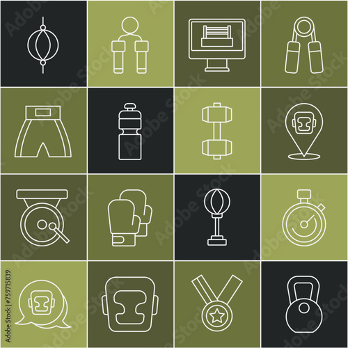 Set line Weight, Stopwatch, Boxing helmet, ring, Fitness shaker, short, Punching bag and Dumbbell icon. Vector
