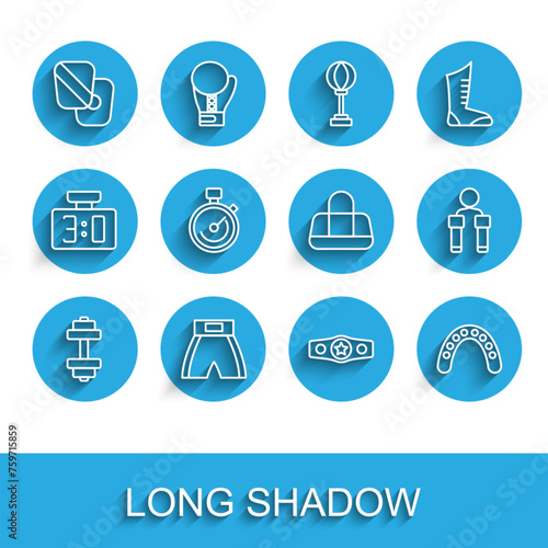 Set line Dumbbell, Boxing short, training paws, belt, Mouth guard boxer, Stopwatch, Jump rope and Sport bag icon. Vector