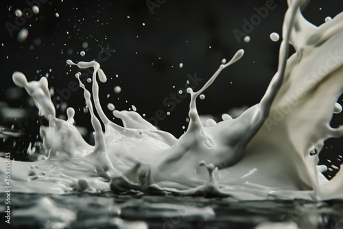 Close up view on a white milk splashing against black background © Darya Lavinskaya