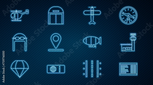 Set line Airport board, control tower, Plane, Location, Aviator hat with goggles, Helicopter, Airship and Aircraft hangar icon. Vector