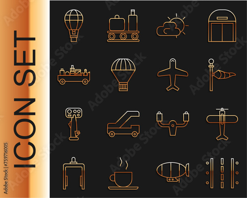 Set line Airport runway, Plane, Cone meteorology windsock wind vane, Sun and cloud weather, Box flying parachute, luggage towing truck, Hot air balloon and icon. Vector